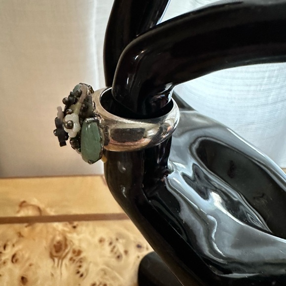 Whitney Kelly Sterling Silver Jadite & Mother of Pearl Figural Floral Ring Vtg - Picture 3 of 12